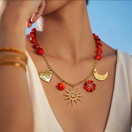Collier ethnique DIY pour femme, en acier inoxydable, imperméable, avec perles, motif fleur, cœur et soleil (1 pièce)