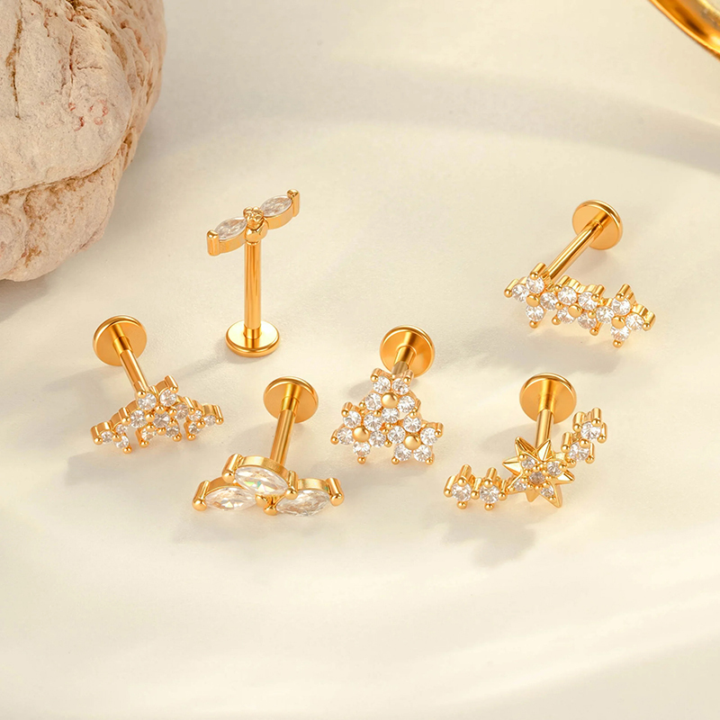 Boucles D'Oreilles Perçantes Élégantes En Forme De Fleur, Couleur Cuivre Et Or, Zircone, Pour Femme, 1 Pièce Image4