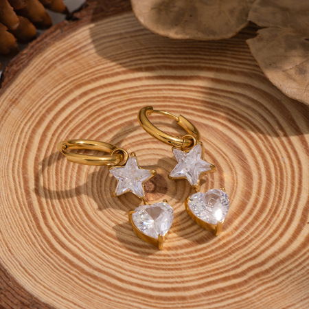 Boucles d'oreilles pendantes en acier inoxydable doré, imperméables, en forme de cœur et d'étoile, avec zircon (1 paire). 2