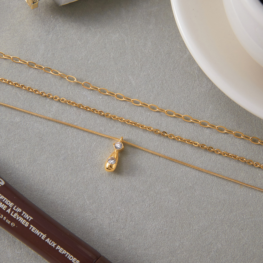 Collier À Plusieurs Rangs Pour Femme, En Acier Inoxydable Doré, Orné D'Un Zircon, Orné D'Une Goutte Classique (1 Pièce) Image7