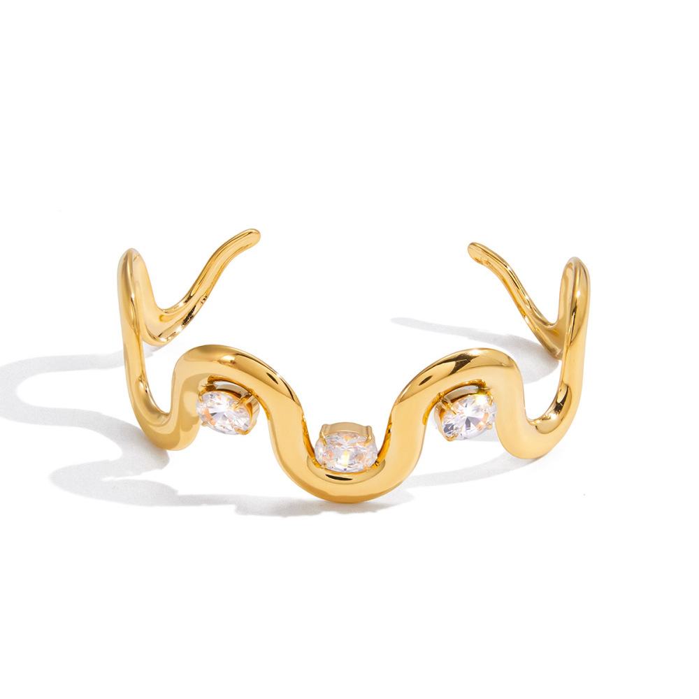 Bracelet Manchette Luxueux Pour Femme, En Acier Inoxydable Doré, Étanche, Avec Zircon, Forme Incurvée (1 Pièce). 