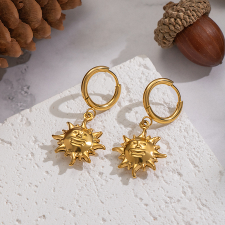 1 paire de boucles d'oreilles pendantes en acier inoxydable doré, étanches, avec motif soleil souriant 2