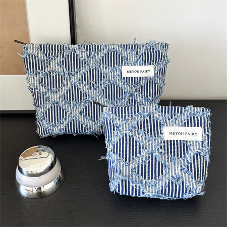 Trousse de maquillage simple en denim à franges et motif damier pour femme, 1 pièce