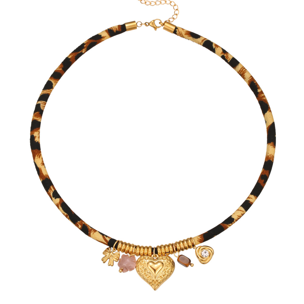 Collier Pendentif Femme Luxueux En Acier Inoxydable Étanche, Orné D'Un Cœur, D'Un Soleil Et D'Un Imprimé Léopard, Avec Motif Floral Et Soleil. (1 Pièce) h5Image5