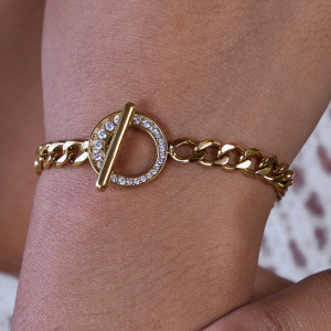 Bracelet Chaîne Ot Zircon De Luxe Pour Femme, 1 Pièce, En Acier Inoxydable Étanche, Couleur Or h5 Image5