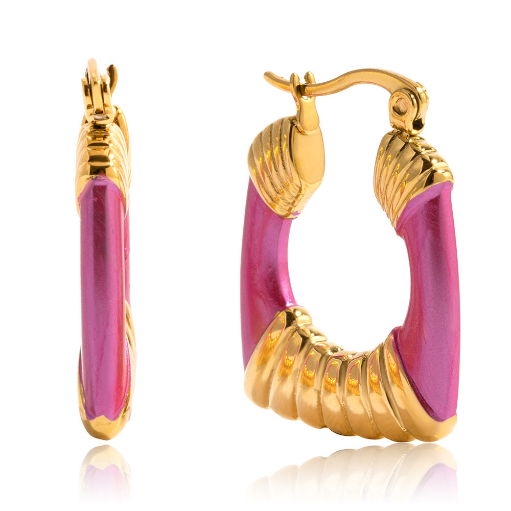 1 Paire De Boucles D'Oreilles Créoles Rectangulaires Rose Éclatant En Acier Inoxydable Étanche Couleur Or Pour Femme 
