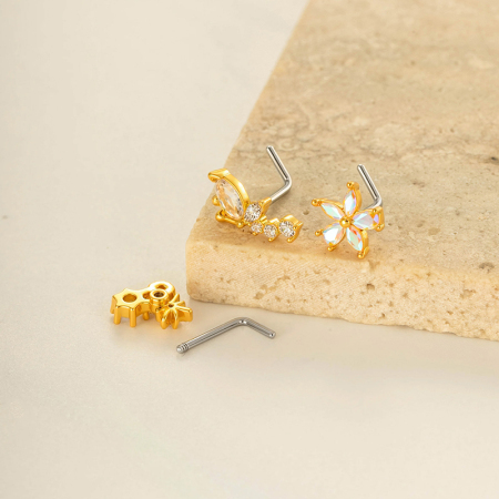 1 pièce de piercing de nez en forme de fleur et de papillon en cuivre doré et zircon 2
