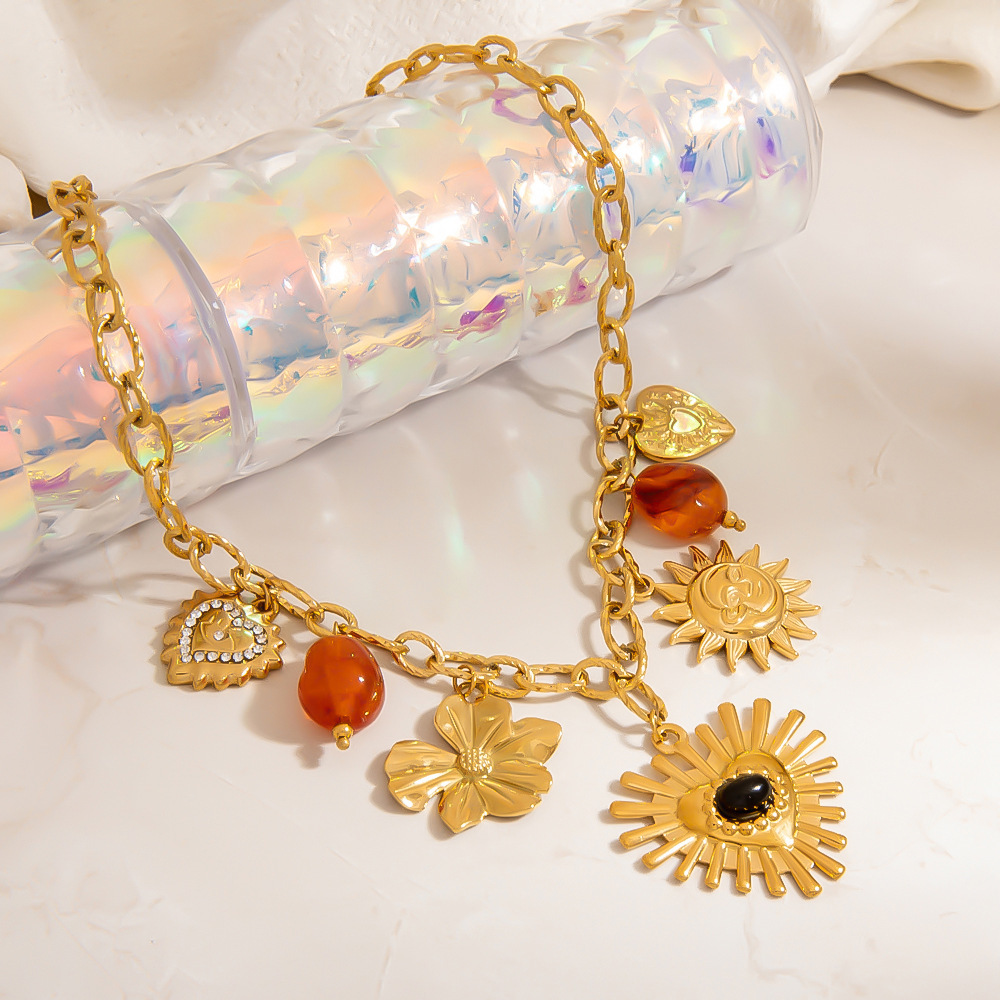 Collier Pendentif Femme En Acier Inoxydable Étanche, Motif Fleur, Cœur Et Soleil, À Faire Soi-Même (1 Pièce) Image3