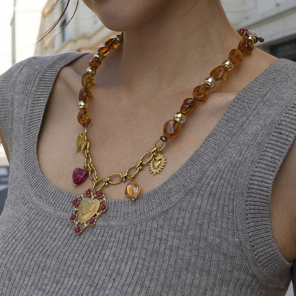 Ensemble De Colliers Et Pendentifs En Forme De Cœur En Acrylique Et Perles Rétro Image2
