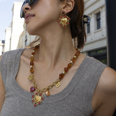 Ensemble de colliers et pendentifs en forme de cœur en acrylique et perles rétro