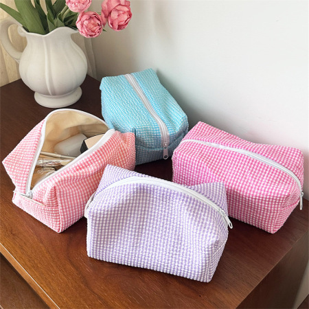 Trousse de maquillage simple et classique en polyester à carreaux, 1 pièce, pour femme