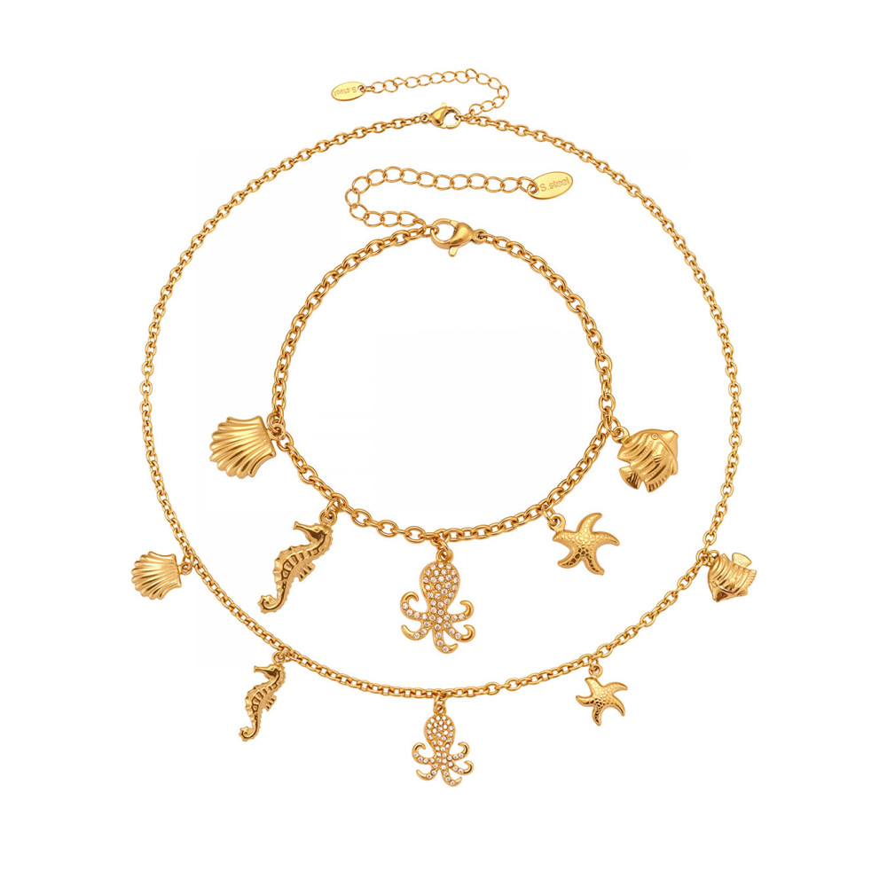 Ensembles De Bijoux Pour Femmes En Acier Inoxydable, Étanches, Couleur Or Et Zircon, Inspirés De La Série Organismes Marins h5Image5