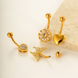 Piercing De Nombril Élégant En Forme De Fleur, De Cœur Et De Papillon, Couleur Cuivre Et Or, Zircon h5 Image3