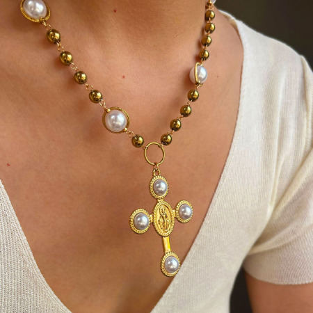 Collier de perles artificielles couleur or, 1 pièce, croix 2