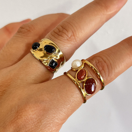 Bague rétro en acier inoxydable de forme irrégulière, étanche, couleur or, avec pierre naturelle (1 pièce).