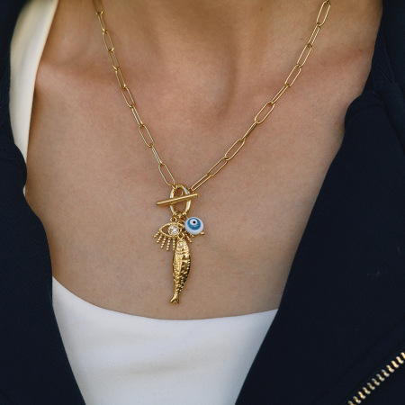 Collier pendentif femme en acier inoxydable doré, étanche, orné d'un poisson œil de diable (1 pièce) 2