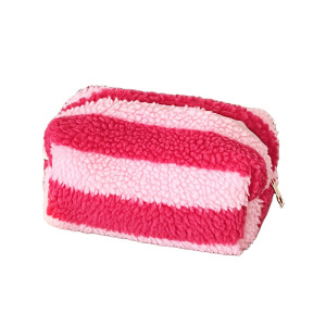 Trousse De Maquillage Simple Et Classique En Peluche À Rayures Rouges Pour Femme, 1 Pièce h5 Image6