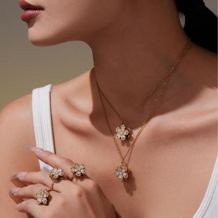 Ensembles de bijoux pour femmes en acier inoxydable doré, rotatifs, étanches, avec zircon et motif floral classique