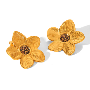 1 Paire De Boucles D'Oreilles Rétro À Motif Floral En Acier Inoxydable, Étanches, Couleur Léopard Doré h5
