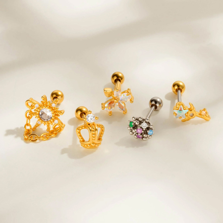 Boucle d'oreille piercing fleur cuivre or zircon 1 pièce