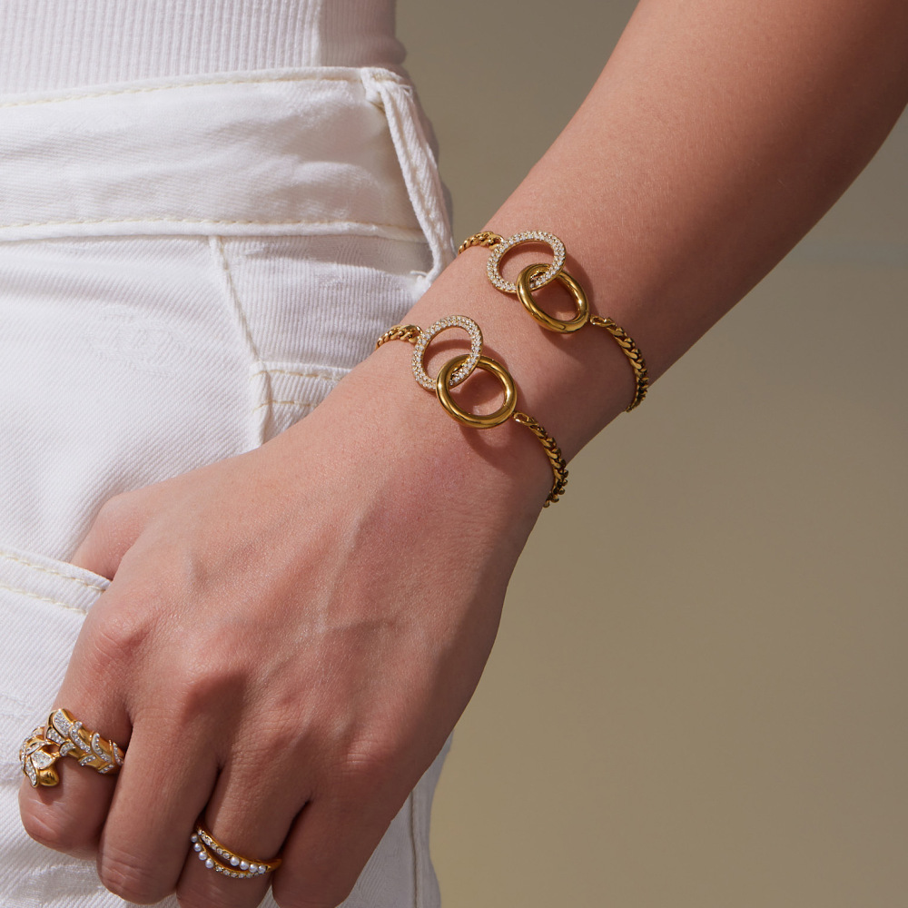 Ensembles De Bijoux Pour Femmes En Acier Inoxydable Imperméable À Double Cercle Simple Et Zircon Doré Image4