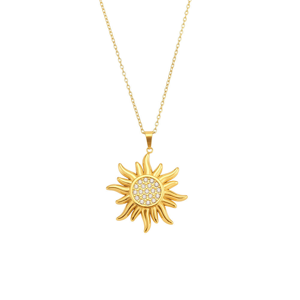 Collier Pendentif Femme Classique Soleil En Acier Inoxydable Étanche Couleur Or Avec Zircon (1 Pièce) Image5