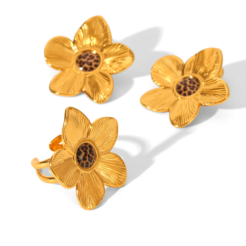 1 Paire De Boucles D'Oreilles Rétro À Motif Floral En Acier Inoxydable, Étanches, Couleur Léopard Doré Image6
