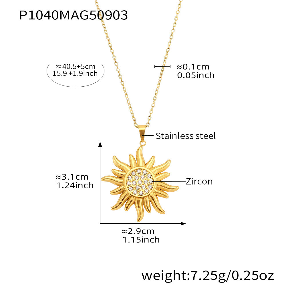 Collier Pendentif Femme Classique Soleil En Acier Inoxydable Étanche Couleur Or Avec Zircon (1 Pièce) 