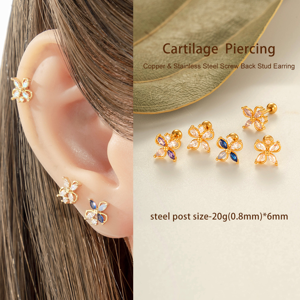 Boucle D'Oreille Piercing Fleur Cuivre Or Zircon 1 Pièce h5Image4