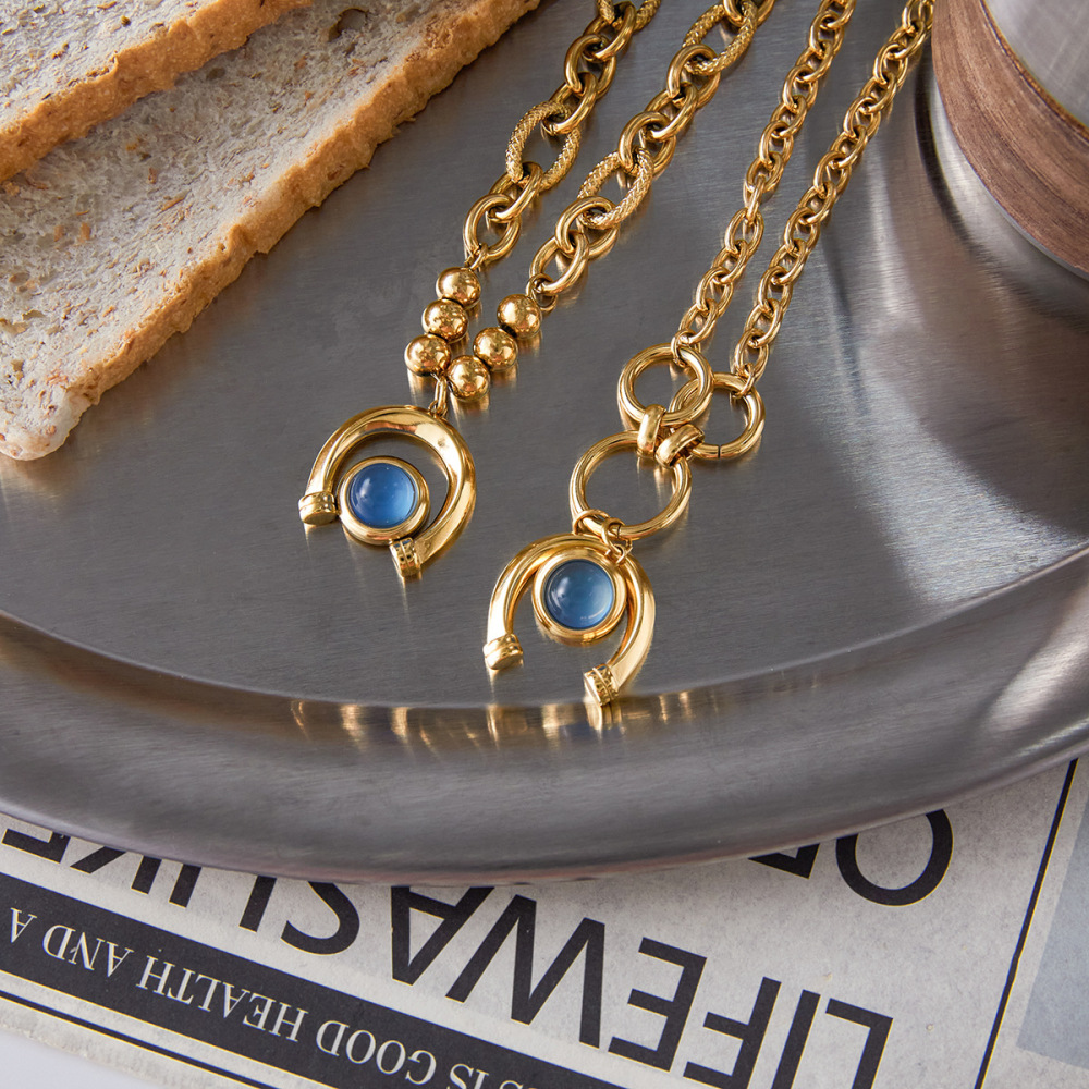 Bracelet À Breloques Pour Femme, 1 Pièce, Luxueux, Rond En Résine Bleue, Acier Inoxydable Étanche, Couleur Or Image5