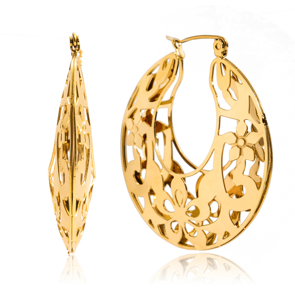 1 Paire De Boucles D'Oreilles Créoles Élégantes Pour Femmes, En Acier Inoxydable Ajouré, Couleur Or, Imperméables, Avec Motif Floral.