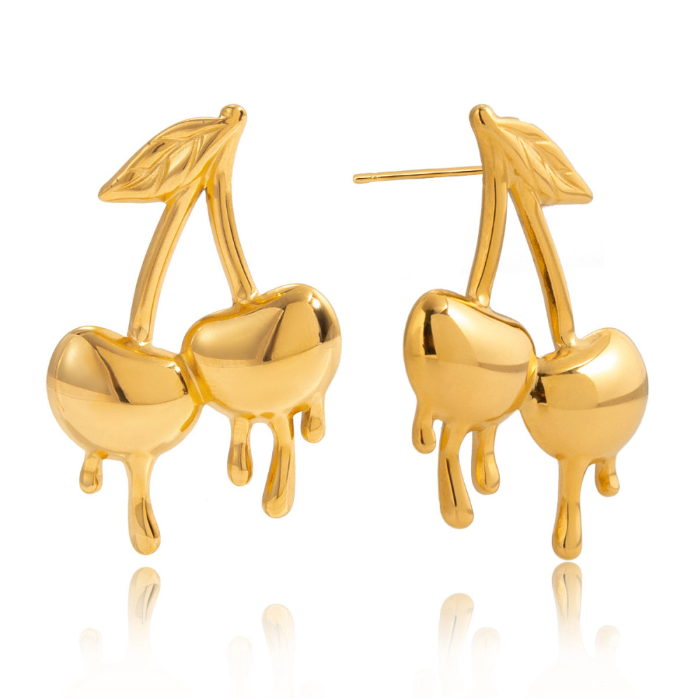 1 Paire De Boucles D'Oreilles Puces Romantiques En Acier Inoxydable Doré, Motif Cerise, Étanches, Pour Femme