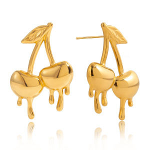 1 Paire De Boucles D'Oreilles Puces Romantiques En Acier Inoxydable Doré, Motif Cerise, Étanches, Pour Femme h5