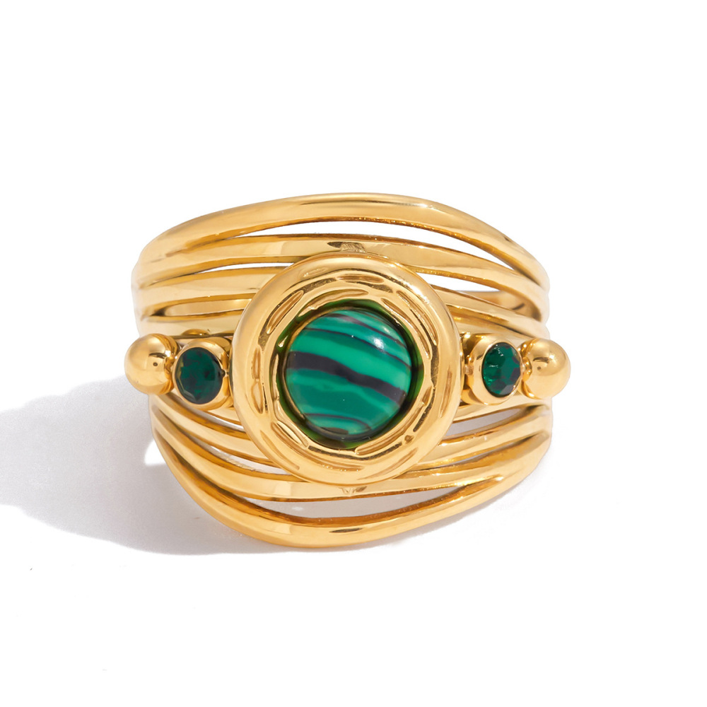 Bague Classique En Acier Inoxydable Doré, Ornée De Lignes De Malachite, Pour Femme. 