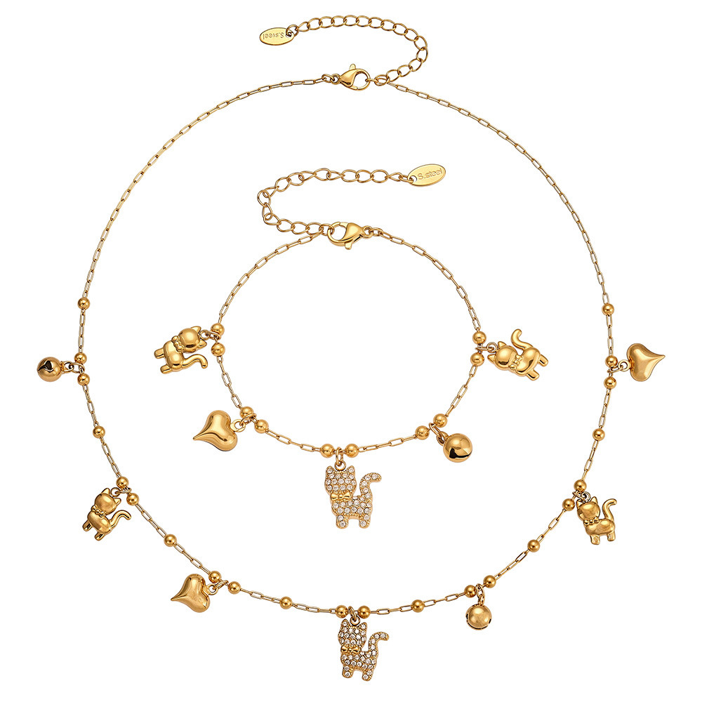 Ensembles De Bijoux Délicats Et Mignons Pour Femmes, En Acier Inoxydable, Étanches, Couleur Or Et Zircon, Avec Motif Chaton. Image7