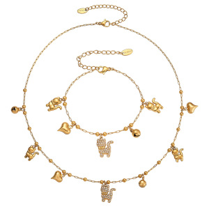 Ensembles De Bijoux Délicats Et Mignons Pour Femmes, En Acier Inoxydable, Étanches, Couleur Or Et Zircon, Avec Motif Chaton. h5 Image7