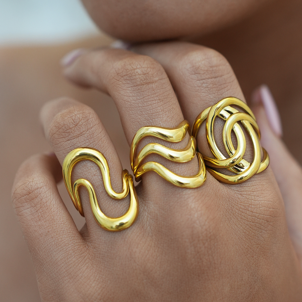 Bague Femme Simple, Rétro, De Forme Irrégulière, En Acier Inoxydable, Couleur Or, Étanche. h5Image4