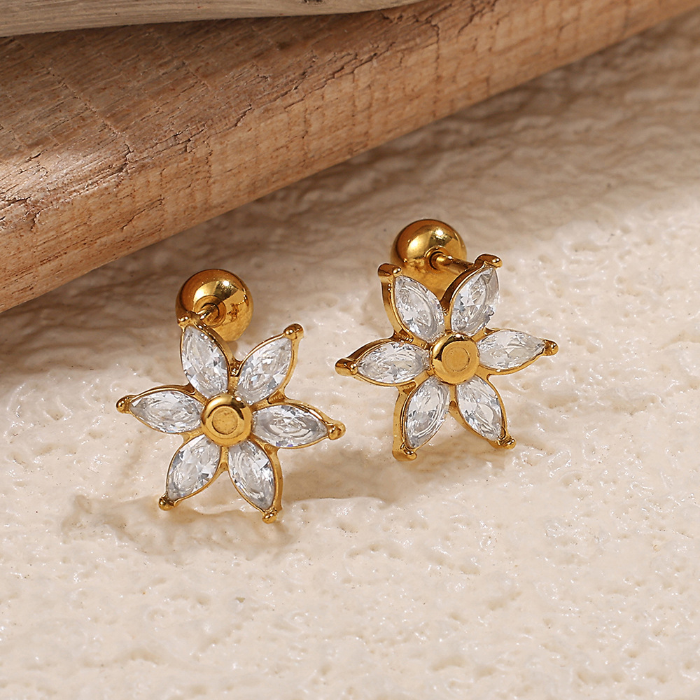 1 Paire De Boucles D'Oreilles Piercing En Acier Inoxydable Doré, Étanches, Avec Zircon Et Motif Floral Image3