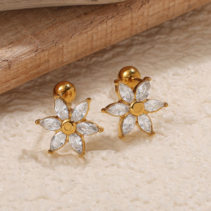 1 Paire De Boucles D'Oreilles Piercing En Acier Inoxydable Doré, Étanches, Avec Zircon Et Motif Floral h5 Image3
