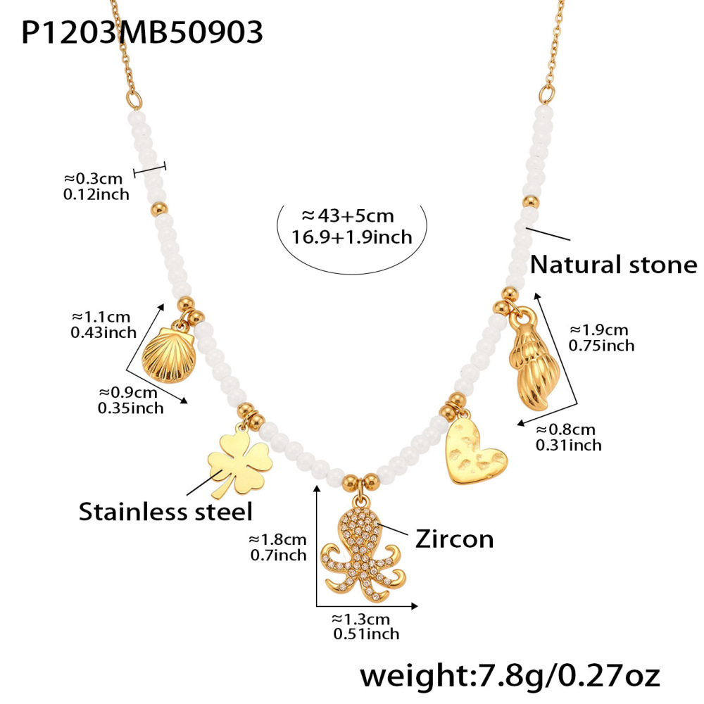 Collier De Perles Pour Femme En Acier Inoxydable Doré, Orné D'Une Pieuvre, De Pierres Naturelles Et De Zircon (1 Pièce) 