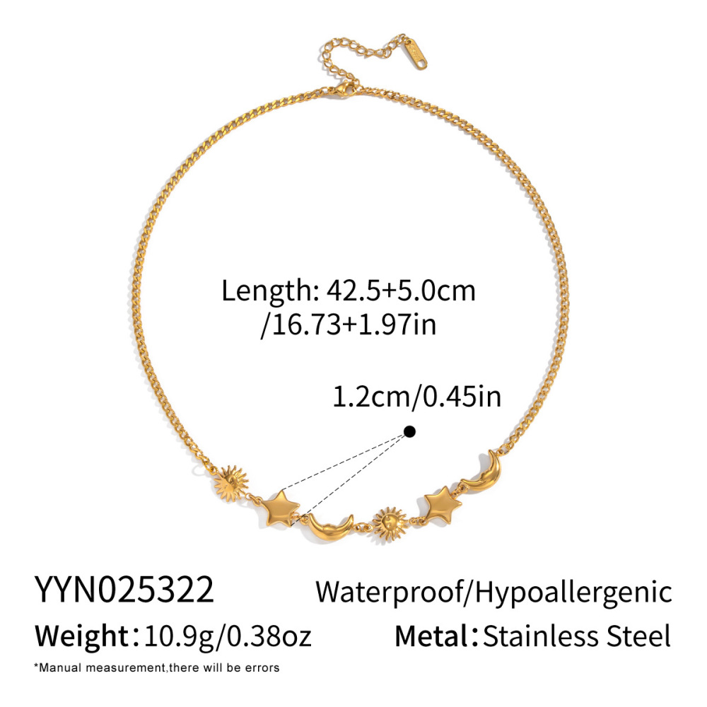 Collier Pendentif Rétro Soleil, Étoile Et Lune En Acier Inoxydable Étanche Couleur Or (1 Pièce) 