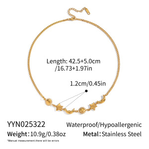 Collier Pendentif Rétro Soleil, Étoile Et Lune En Acier Inoxydable Étanche Couleur Or (1 Pièce) h5 
