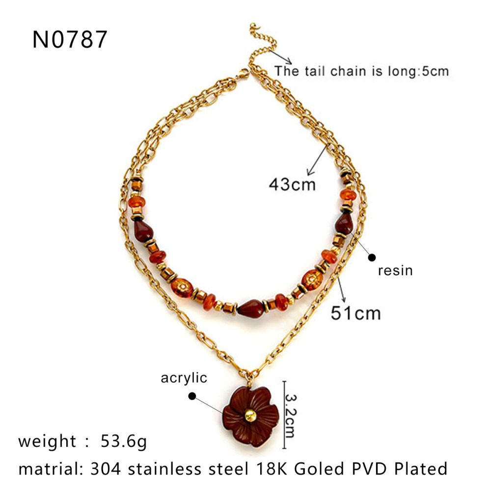 Collier Multicouches En Acrylique Couleur Or Et Résine Florale, 1 Pièce Image2