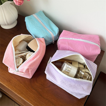 Trousse de maquillage simple et classique en polyester à carreaux, 1 pièce, pour femme 2