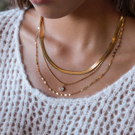 Collier à plusieurs rangs pour femme, en acier inoxydable doré, orné d'un zircon et d'un cercle délicat (1 pièce)