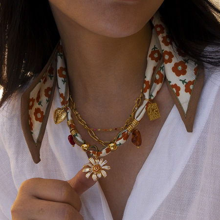 Collier pendentif en tissu doré, en acier inoxydable, étanche, avec fleur (1 pièce).