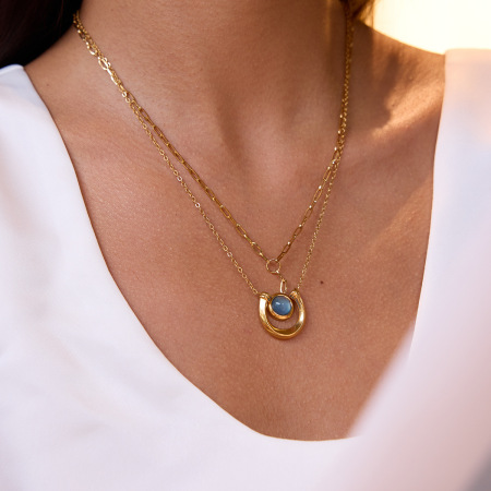 Collier pendentif femme classique en résine bleue, cercle, acier inoxydable, étanche, couleur or (1 pièce) 2