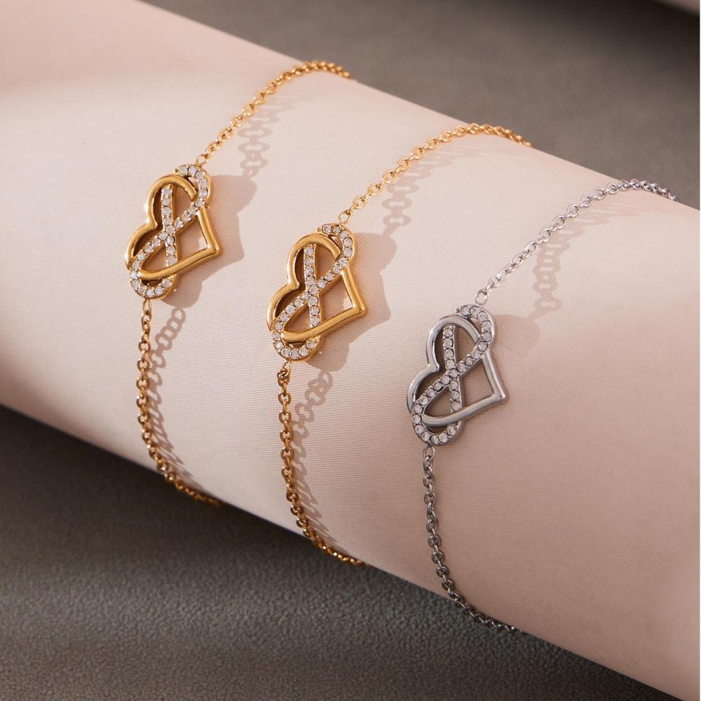 Ensembles De Bijoux Pour Femmes En Acier Inoxydable Imperméable Avec Zircon Doré, Motif Cœur Romantique Et Infini h5Image5