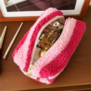 Trousse De Maquillage Simple Et Classique En Peluche À Rayures Rouges Pour Femme, 1 Pièce h5 Image5