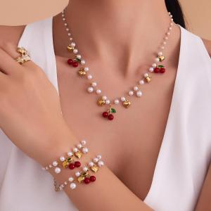 Ensembles De Bijoux Fantaisie Pour Femmes En Acier Inoxydable, Couleur Or, Motif Cœur Et Cerise h5 Image2
